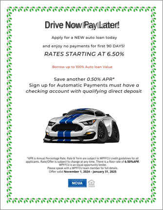 Wilmington Police and Fire FCU Winter Auto Loan Flyer 2024, Wilmington Police and Fire FCU, WPFFCU, Winter auto loan 2024, new auto loan, no payments for the first 90 days, Wilmington DE,