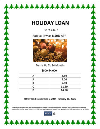 Wilmington Police and Fire FCU Holiday Loan Flyer 2024, Wilmington Police and Fire FCU, WPFFCU, holiday loan sale, rates as low as 8.50% APR, Wilmington DE,